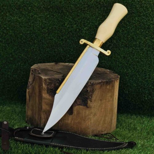 Alamo Musso Utility Knife 17 Inch Overall Length, 12 Inch D2 Steel Blade, Resin Handle, Brass Spine Detail, Polished Finish with Protective Sheath