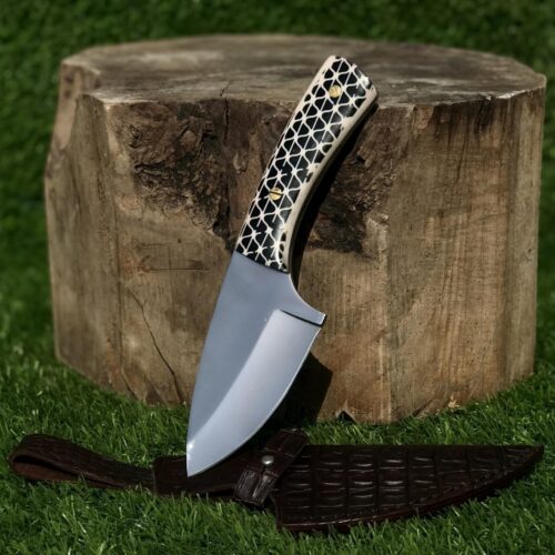 Hunting Knife with Crocodile Leather Sheath, Brass Studs, Mirror Polished Blade, HRC 59 – Outdoor Survival Knife