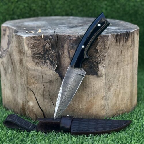 Hunting Knife with Black Resin Handle and Steel Studs, Carbon Steel Blade, Mirror Polish, Hollow Edges, Razor Sharp, Full Tang,