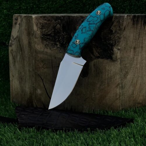 D2 Steel Fixed Blade Hunting, Camping & Survival Knife with Feroza Handle and Crocodile Leather Sheath