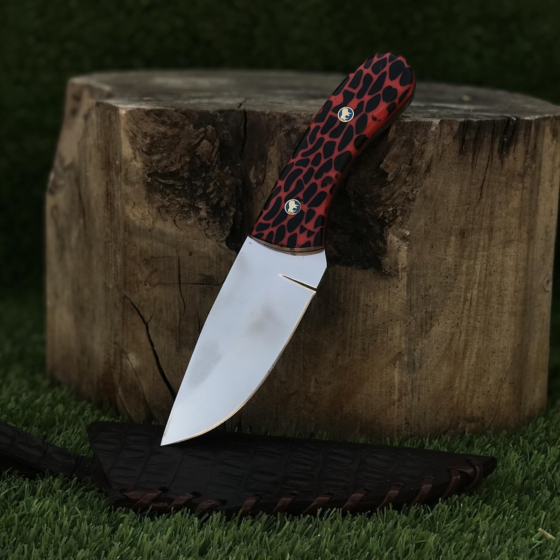 Honeycomb Pattern Red Resin Handle with Lion Brass Mosaic Pins & D2 Steel Hunting Knife with Sheath Honeycomb Pattern Red Resin Handle with Lion Brass Mosaic Pins & D2 Steel Hunting Knife with Sheath