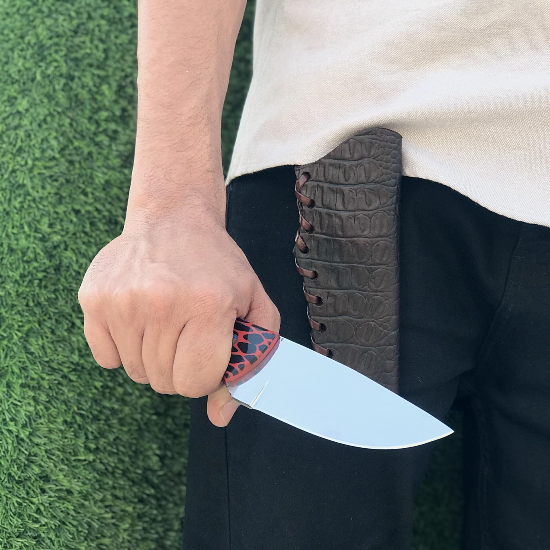 Honeycomb Pattern Red Resin Handle with Lion Brass Mosaic Pins & D2 Steel Hunting Knife with Sheath Honeycomb Pattern Red Resin Handle with Lion Brass Mosaic Pins & D2 Steel Hunting Knife with Sheath - Image 6