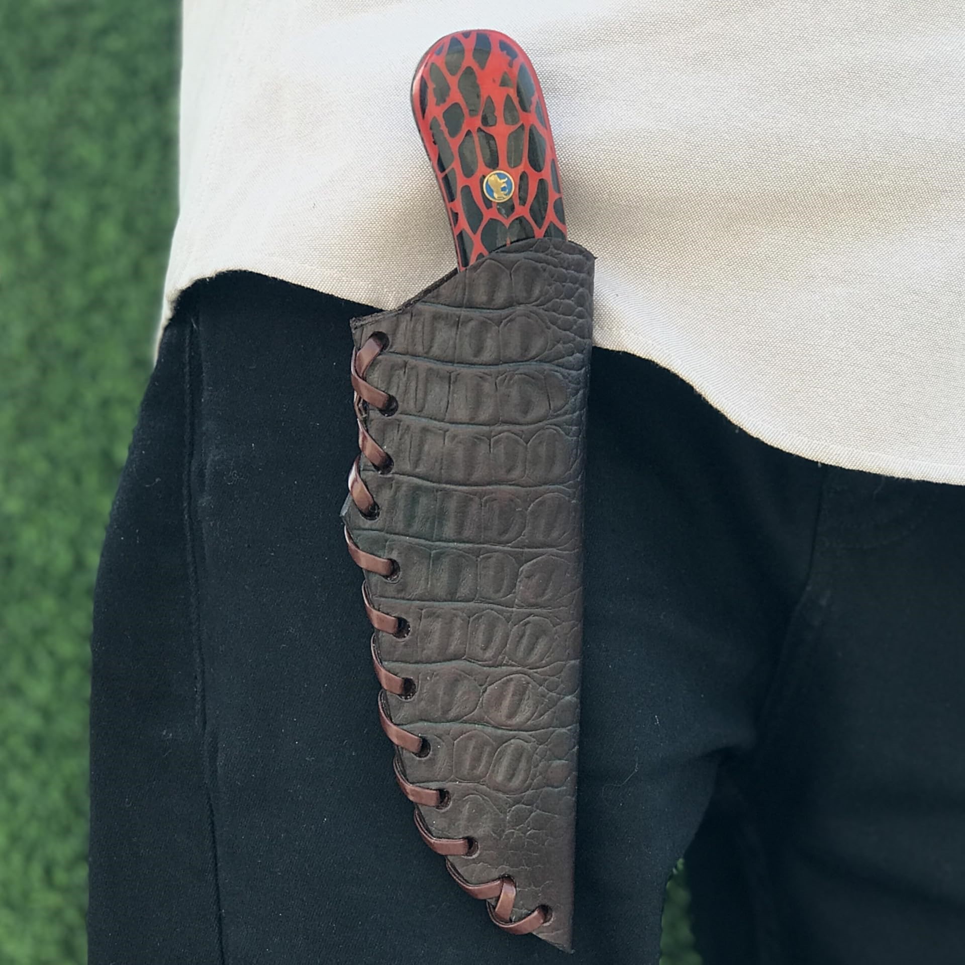 Honeycomb Pattern Red Resin Handle with Lion Brass Mosaic Pins & D2 Steel Hunting Knife with Sheath Honeycomb Pattern Red Resin Handle with Lion Brass Mosaic Pins & D2 Steel Hunting Knife with Sheath - Image 7