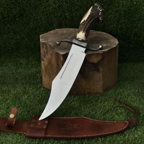 440C Steel Utility Knife 13" Blade with Natural Handle and Polished Finish With Leather Sheath
