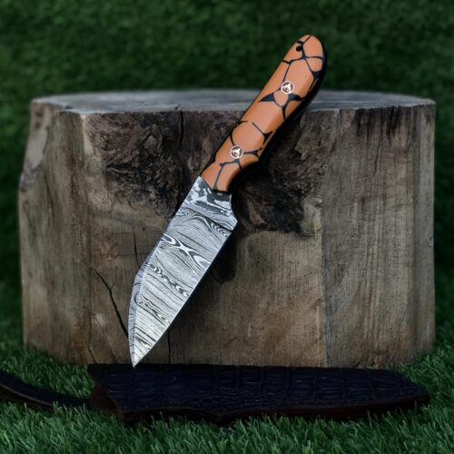 Damascus Steel Fixed Blade Hunting Knife with Resin Handle, Deer Mosaic Pins, and Crocodile Leather Sheath