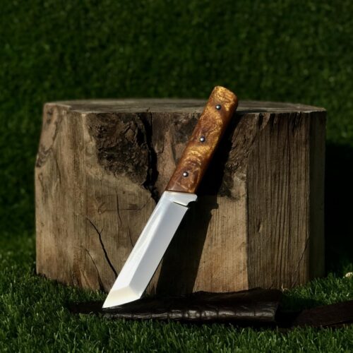 J2 Steel Traditional Tanto Blade Knife with Resin Handle, Shiny Steel Studs, and Crocodile Leather Sheath