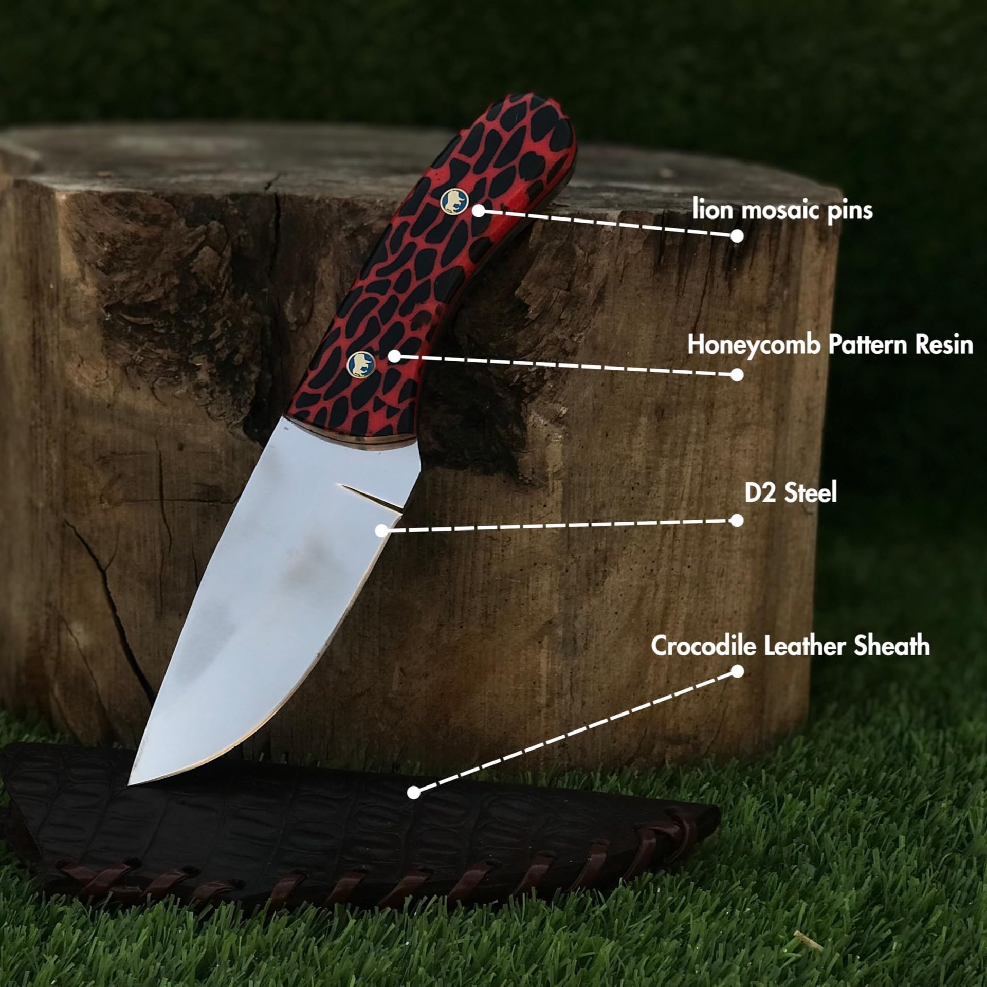 Honeycomb Pattern Red Resin Handle with Lion Brass Mosaic Pins & D2 Steel Hunting Knife with Sheath Honeycomb Pattern Red Resin Handle with Lion Brass Mosaic Pins & D2 Steel Hunting Knife with Sheath - Image 4