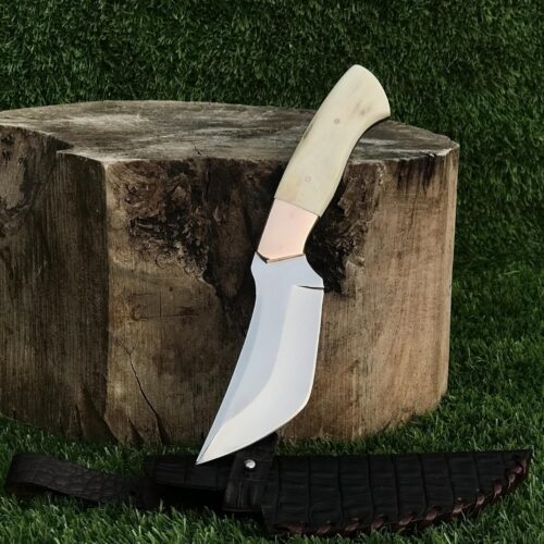 Outdoor Knife with Bone Handle 10" J2 Steel Blade, Copper Guard, Hollow Edge, Crocodile Leather Sheath