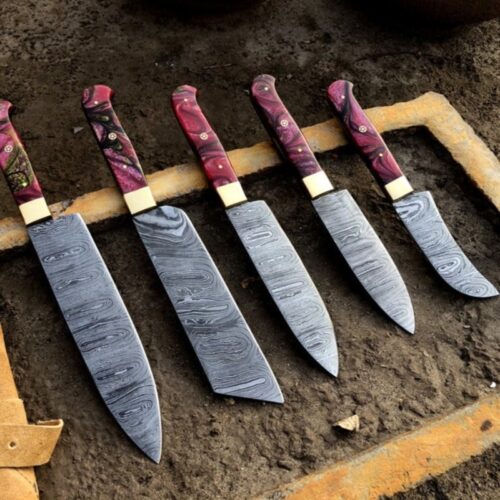 Hand-Forged 5-Piece Damascus Kitchen & Chef Knife Set – Resin Handles with Leather Roll Bag