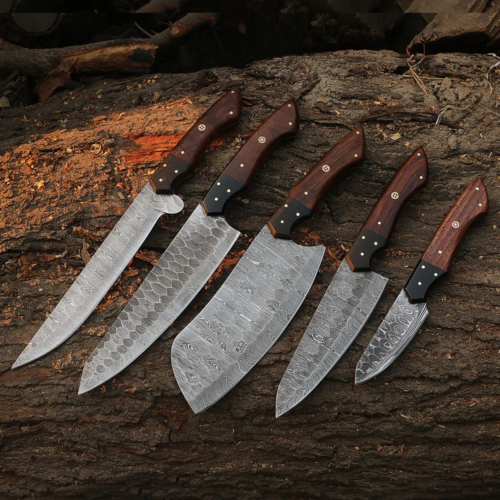 Custom Damascus Culinary Chef Knife Set – 5 Pcs Kitchen Knives with Leather Sheath