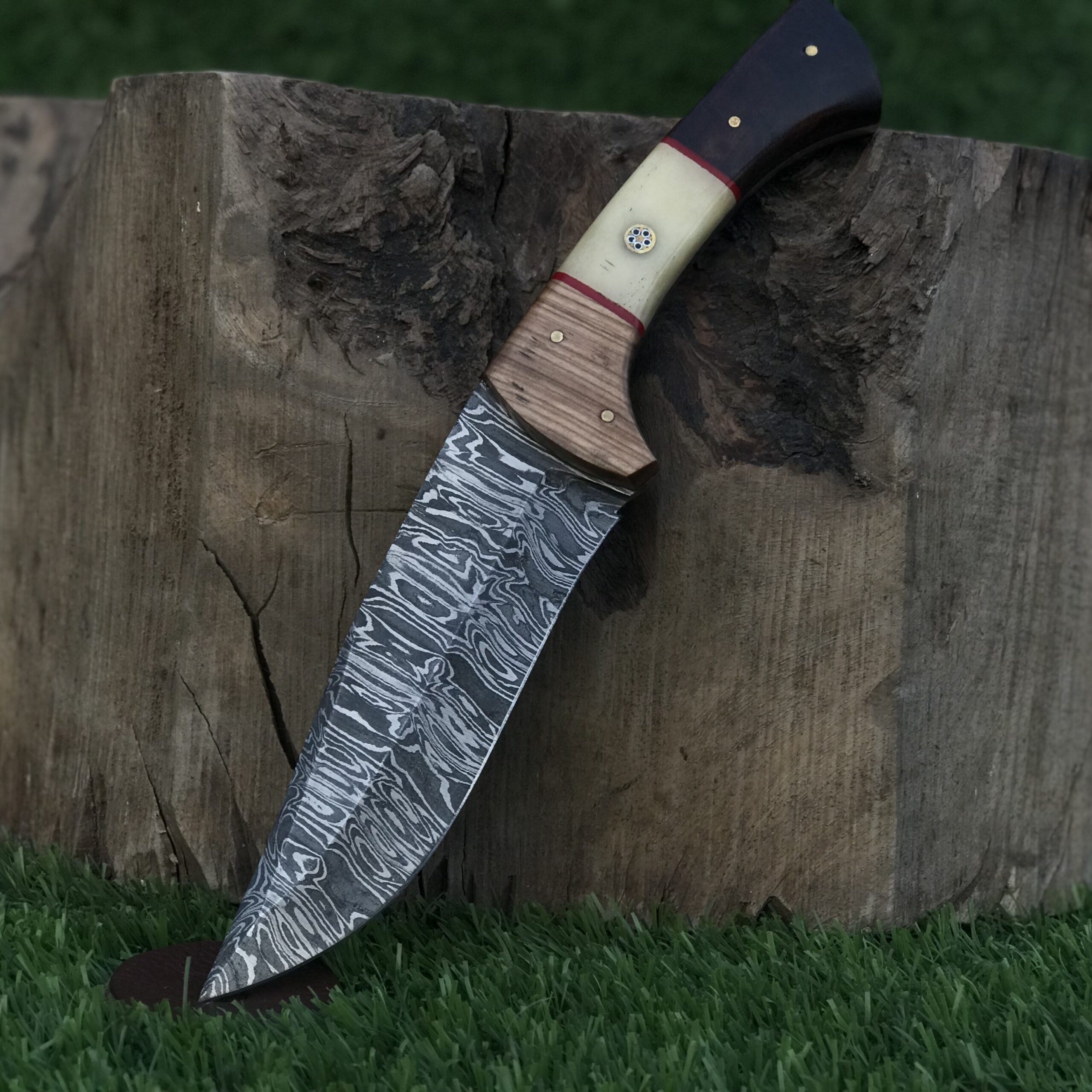 Handmade Outdoor Knife with Damascus Steel Blade Mixed Wood Handle Gardening Knife Camping Utility Knife