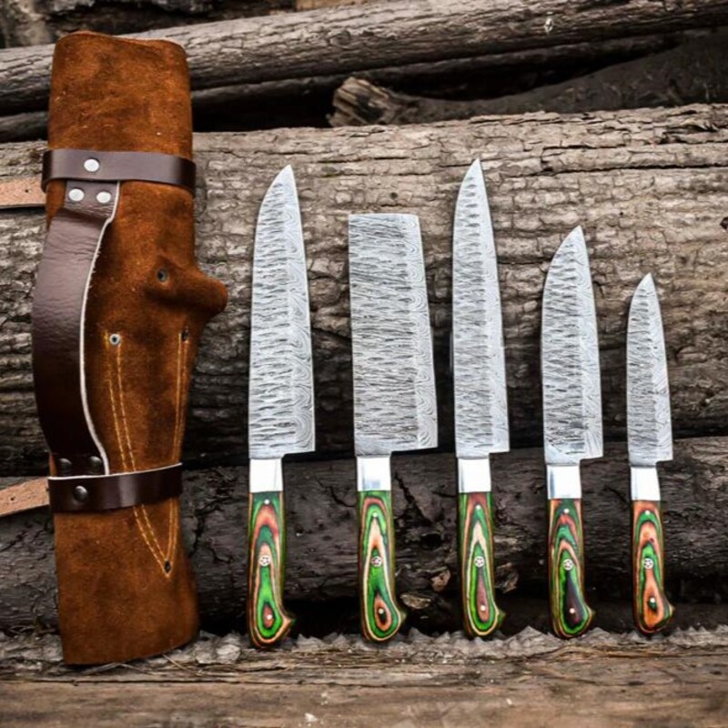Hand-Forged 5-Piece Damascus Steel Culinary Chef Knife Set – Wood Handles with Leather Roll Bag Hand-Forged 5-Piece Damascus Steel Culinary Chef Knife Set – Wood Handles with Leather Roll Bag