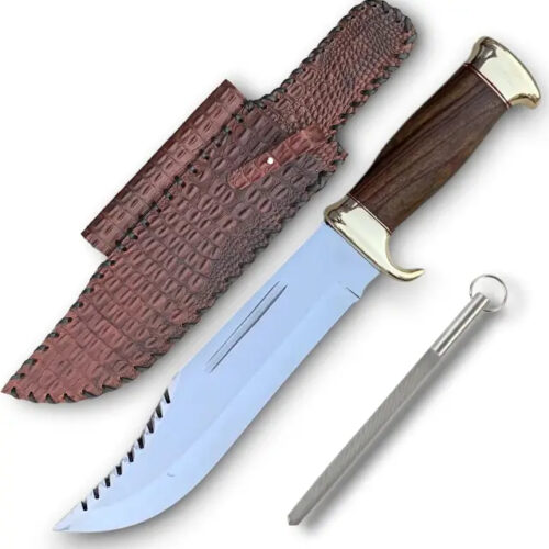 USA Dundee serration clip point Bowie knife DYUT-87 17 inch 440C stainless steel mirror polish hollow grind rosewood brass handle leather sheath outdoor hunting knife full view