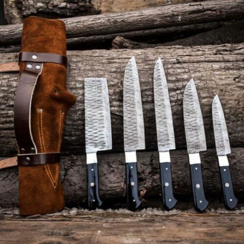 Hand-Forged 5-Piece Damascus Steel Culinary Chef Knife Set – Outdoor & Kitchen Use with Leather Roll Bag