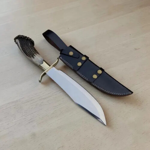USA movie inspired Bowie knife 17 inch high carbon steel aged finish clip point blade crown stag antler handle leather sheath cinematic replica outdoor knife full view