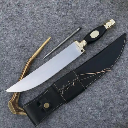 USA Searles Historical Bowie Knife 17" Mirror Polish Blade | Utility Knife Historic Inspiration USA Knives Outdoor Knives Black Resin Handle Brass Guard Leather Sheath