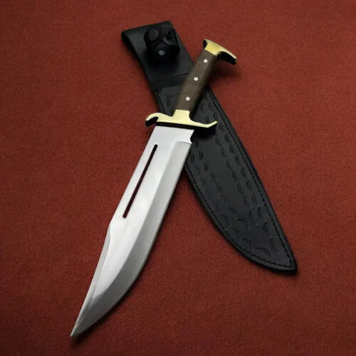 USA historic design inspired Bowie knife HDF-FR 17 inch 440C stainless steel mirror polish hollow grind blade rosewood handle leather sheath hunting camping knife full view