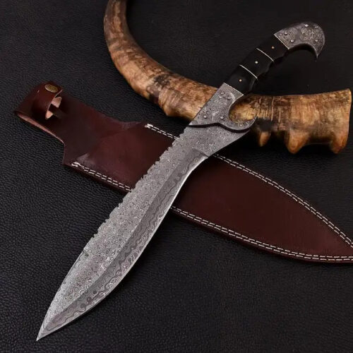 USA Damascus Bowie knife 17 inch historical inspired replica 12 inch Damascus steel blade steel handle brass studs leather sheath hunting camping knife full view