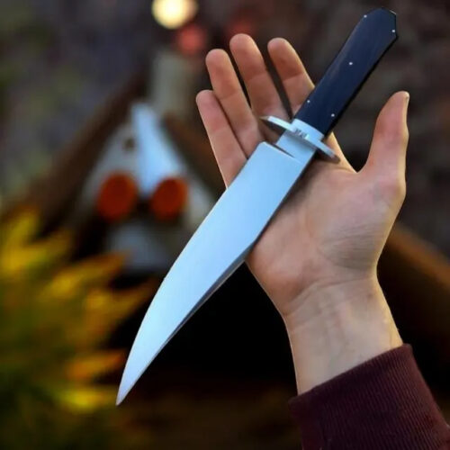 USA hunting Bowie knife 15 inch 440C stainless steel mirror polish blade blue Micarta handle leather sheath outdoor survival camping knife full view