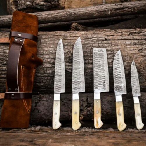 Hand-Forged 5-Piece Damascus Steel Culinary Chef Knife Set – Camel Bone Handles with Leather Roll Bag