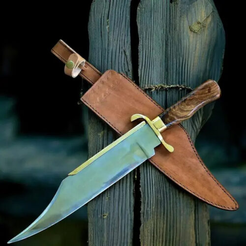 USA 5160 spring steel Bowie knife antique finish 11.5 inch blade burl wood leather handle brass guard leather sheath hunting camping knife full view