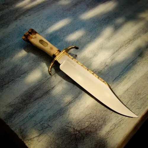 USA engraved Alamo Musso Bowie knife 19 inch 5160 spring steel clip point blade camel bone handle leather sheath historical engraved hunting camping knife full view