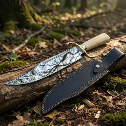 USA 5160 spring steel Bowie sword HGT-IO 17 inch mirror polish blade camel bone handle leather sheath 59 HRC rope cutting historical replica full view