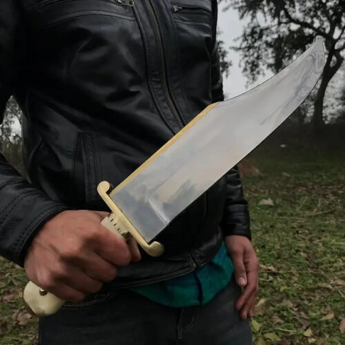 USA historical inspired Bowie knife 17 inch 440C stainless steel blade camel bone handle leather sheath 58-59 HRC hunting camping collector knife full view