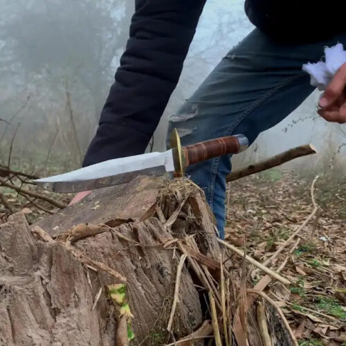 USA 440C stainless steel Bowie knife 15 inch high polish blade leather wrapped handle brass guard steel pommel cowhide sheath outdoor hunting knife full view