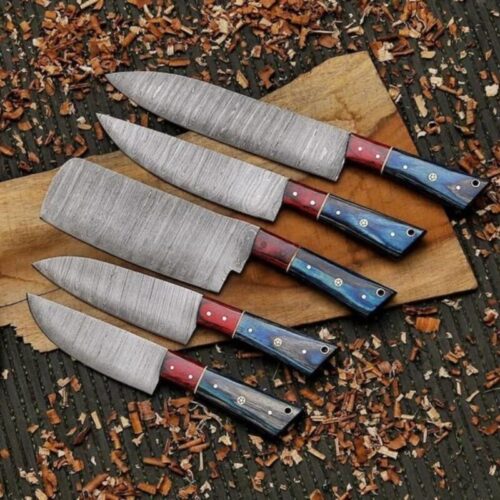 Hand-Forged 5-Piece Culinary Chef Knife Set – Damascus Steel Blades with Wood Handles & Leather Sheath