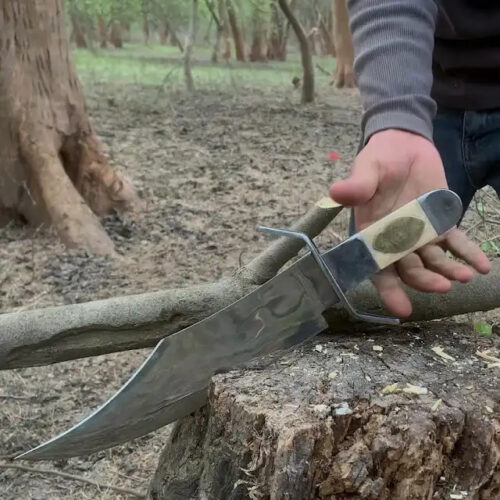 USA Alamoo Bowie knife 17.3 inch 440C steel V grind blade steel and bone handle hidden tang leather sheath historical replica hunting knife full view