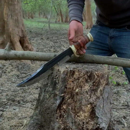 USA Dundee Bowie knife DCST-RTY 17 inch 1095 high carbon steel blade hollow edge mirror polish ergonomic handle leather sheath historical replica hunting knife full view