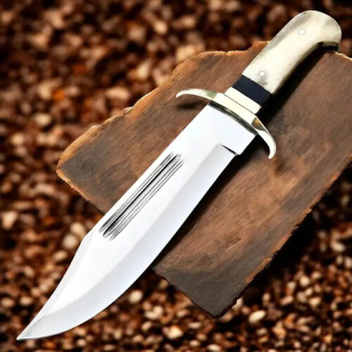 USA hunting Bowie knife HBJ-IU 17 inch 440C stainless steel blade partial serration camel bone handle leather sheath heavy duty outdoor survival knife full view