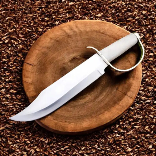 USA original D-guard hunting Bowie knife 17 inch 440C stainless steel clip point blade camel bone handle steel D-guard leather sheath hunting survival knife full view