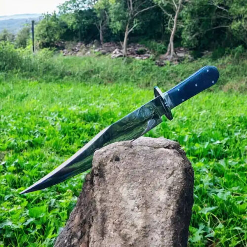 Historical Inspired Bowie Knife 440C Mirror Polish Blade, Blue Micarta Handle, USA Outdoor Utility Knife with Sheath