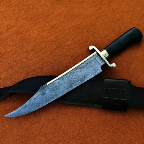 USA Alamoo Musso Bowie knife replica 18 inch Damascus steel blade flowing pattern polished wood handle leather sheath frontier collector outdoor knife full view