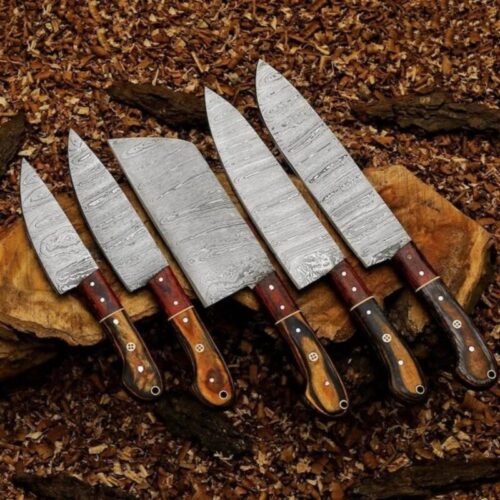 Hand-Forged 5-Piece Culinary Chef Knife Set – Damascus Steel Blades with Wood Handles & Leather Sheath