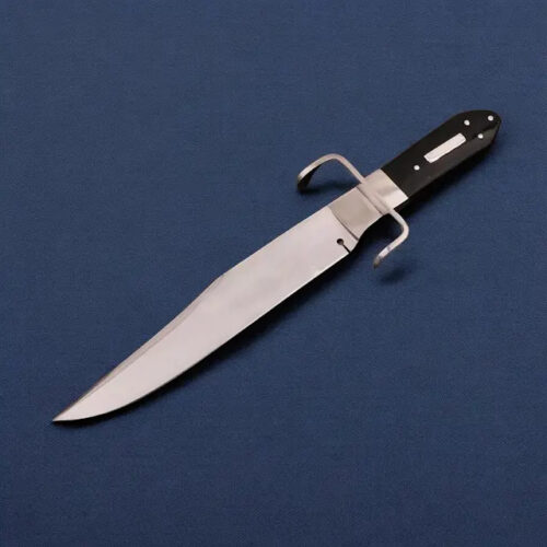USA Hell Belle Bowie knife replica 11.5 inch 5160 spring steel clip point swedge blade black Micarta coffin handle cowhide leather sheath outdoor survival knife full view