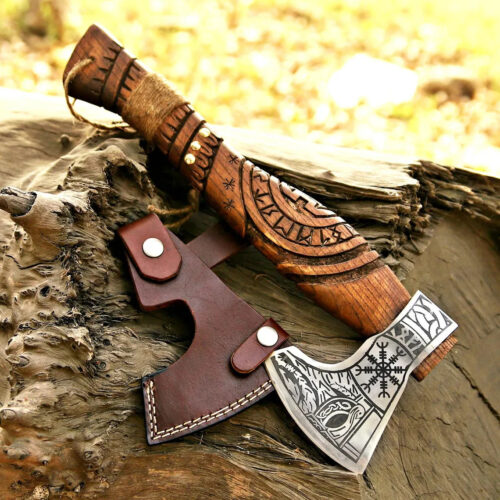 hand forged Viking axe 13 inch high carbon steel blade rustic finish hardwood handle compact Viking style axe camping gardening decorative display full view
