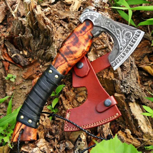 hand forged Damascus Viking axe 13 inch layered steel blade hardwood handle leather sheath compact Viking style axe gardening camping decorative display full view