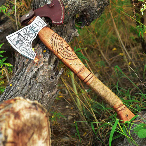 hand forged Viking axe 13 inch Damascus steel blade wave pattern hardwood handle leather sheath compact Viking axe camping gardening decorative display full view