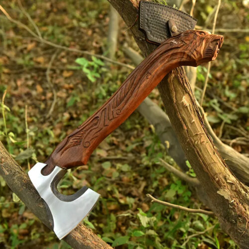 handmade Viking axe 50 cm high carbon steel blade rosewood handle wolf engraving polished forged blade bushcraft camping axe full view
