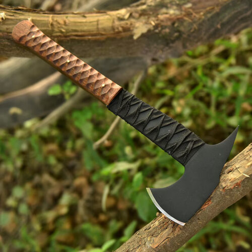handmade compact tomahawk axe 34 cm high carbon steel blade walnut wood handle full tang leather case bushcraft camping survival axe full view