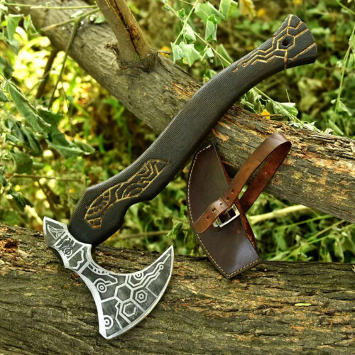 handmade Viking axe 44 cm high carbon steel blade engraved Nordic design ash wood handle leather sheath bushcraft camping axe full view