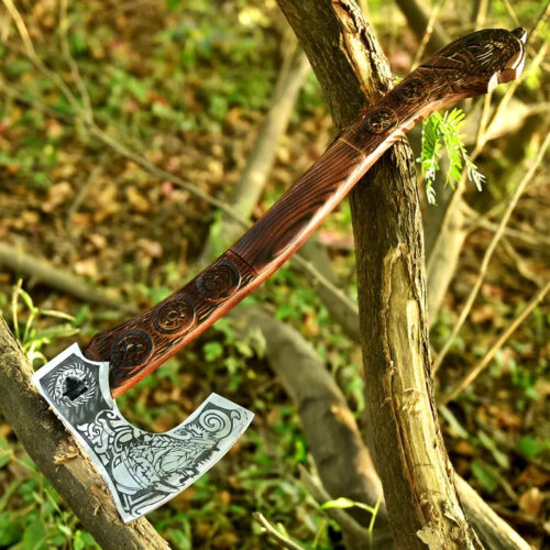 handmade Viking axe high carbon steel ash wood engraved handle leather case Nordic bushcraft camping chopping axe full view collectible display
