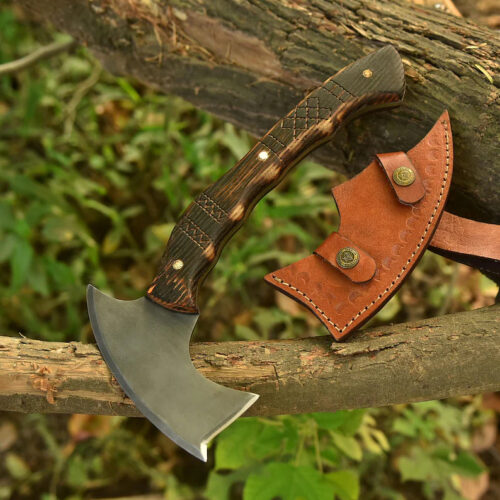 handmade compact tomahawk carbon steel full tang ash wood handle leather sheath camping bushcraft survival hiking outdoor axe compact tool full view