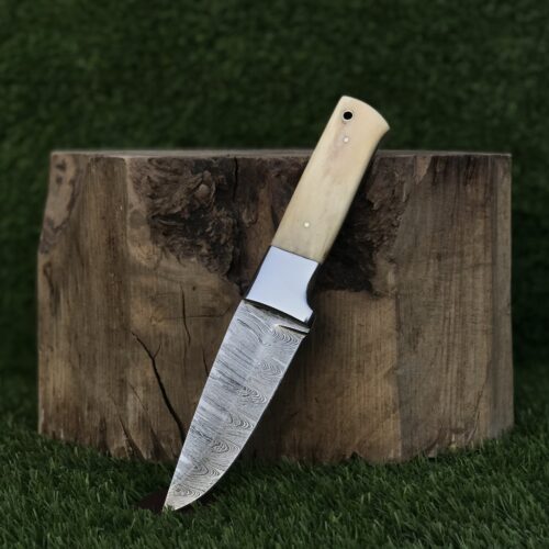 Premium Outdoor Knife with Damascus Steel Mirror Polish Blade – Off White Resin Handle Gardening Knife Camping Utility Knife