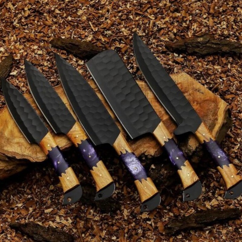 Hand-Forged 5-Piece Culinary Chef Knife Set – Damascus Steel with Wood Handles & Leather Sheath Hand-Forged 5-Piece Culinary Chef Knife Set – Damascus Steel with Wood Handles & Leather Sheath