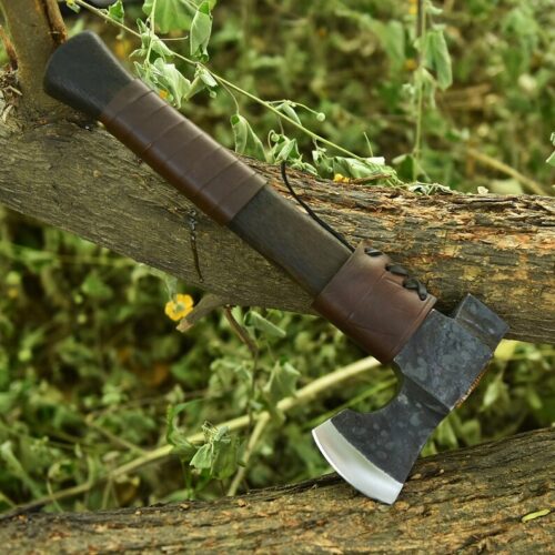 handmade compact bushcraft axe 1090 high carbon steel ash wood handle leather sheath camping survival hiking outdoor axe compact field tool full view