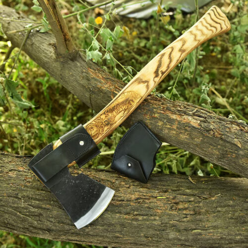 handmade engraved Viking axe Nordic knot carved wooden handle steel blade leather sheath Norse bushcraft camping axe full view collectible display
